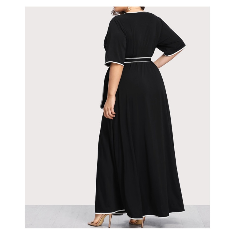 Black V Neck Short Sleeve Self Tie Wrap Maxi Dress - Picture 2 of 4